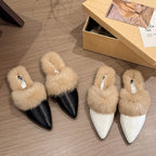 Damen elegante Ballerina mit luxuriösem Kunstfellkragen R&B