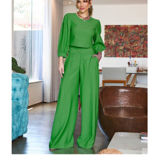 Damen Elegantes zweigeteiltes Set mit cropped Bluse und weiten Hosen R&B