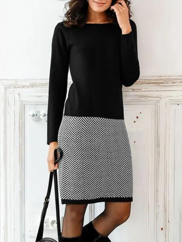 Elegantes Damen Strickkleid mit Chevron-Muster für Alltag & Büro | R&B