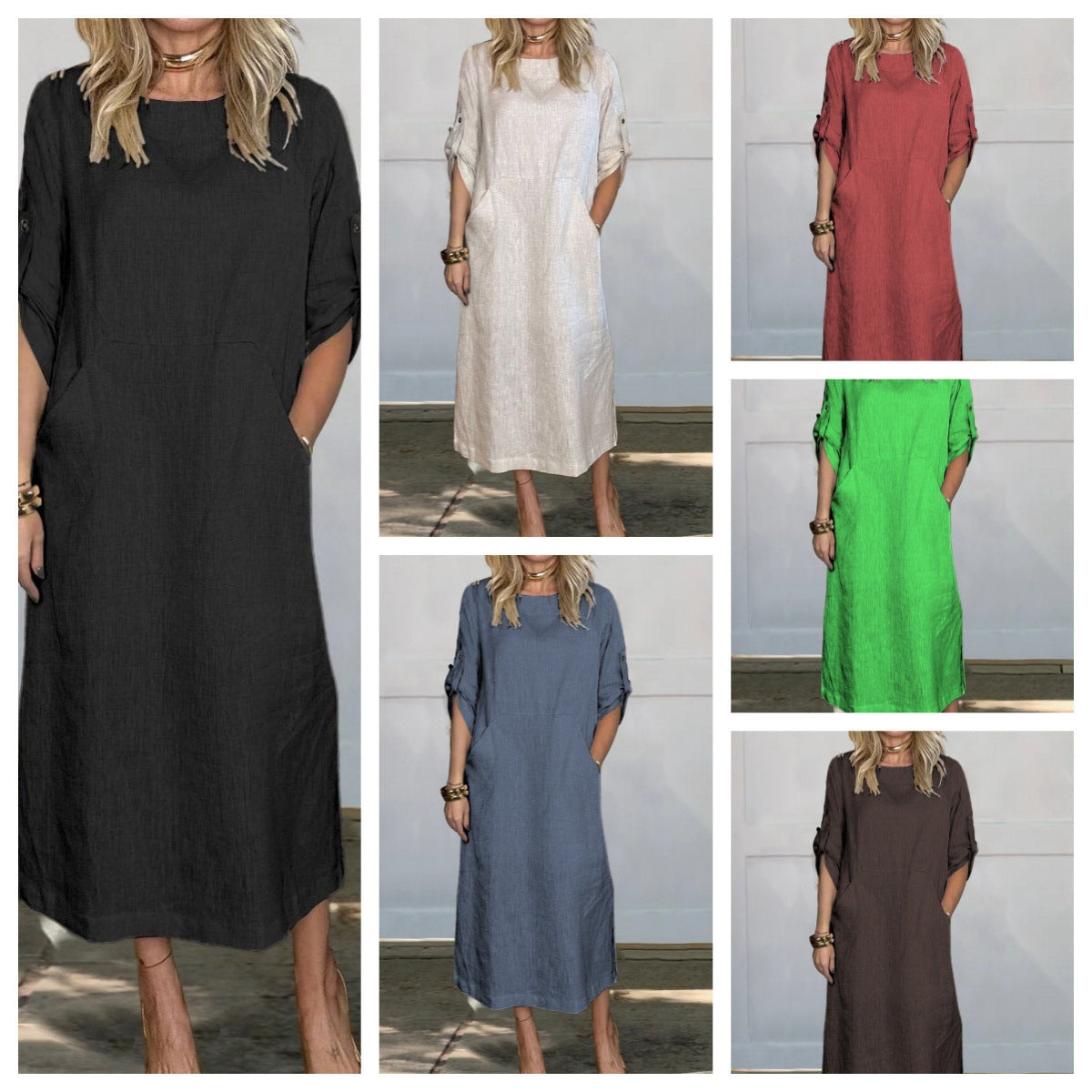Damen Freizeit Maxi Kleid mit Taschen R&B