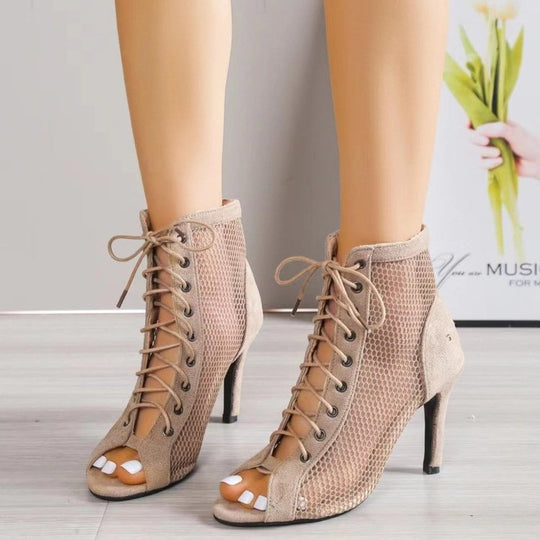 Damen Peeptoe Stiefeletten mit atmungsaktivem Netzdesign und elegantem Lace-Up R&B