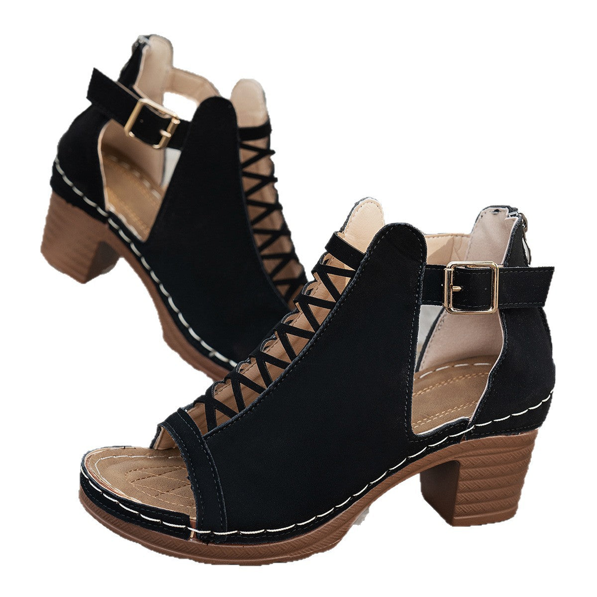 Damen Elegante und modische Schnürsandalen mit Blockabsatz
