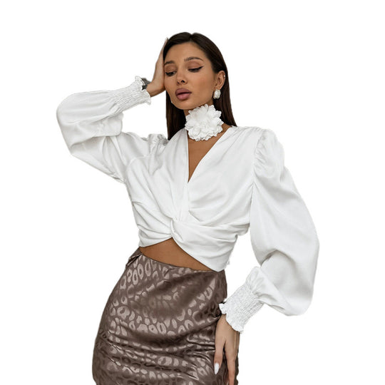 Damen Elegante V-Ausschnitt Gedrehte Bluse mit Rüschennähten R&B