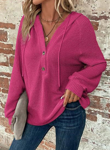 Damen lässiger Kapuzenpullover mit Knopfdetails und strukturiertem Gewebe R&B