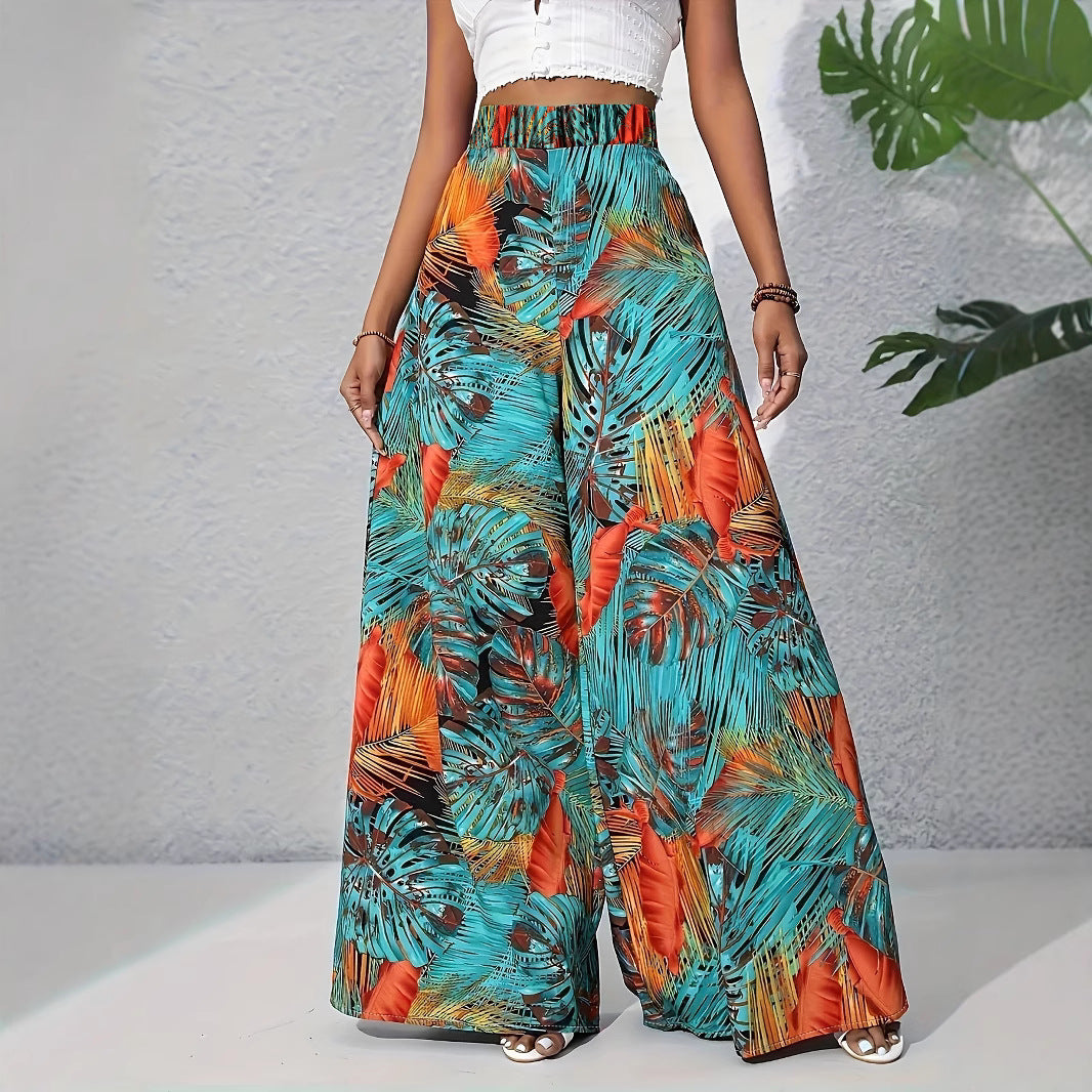 Damen Palazzohose mit tropischem Blattmuster und elastischem Bund R&B