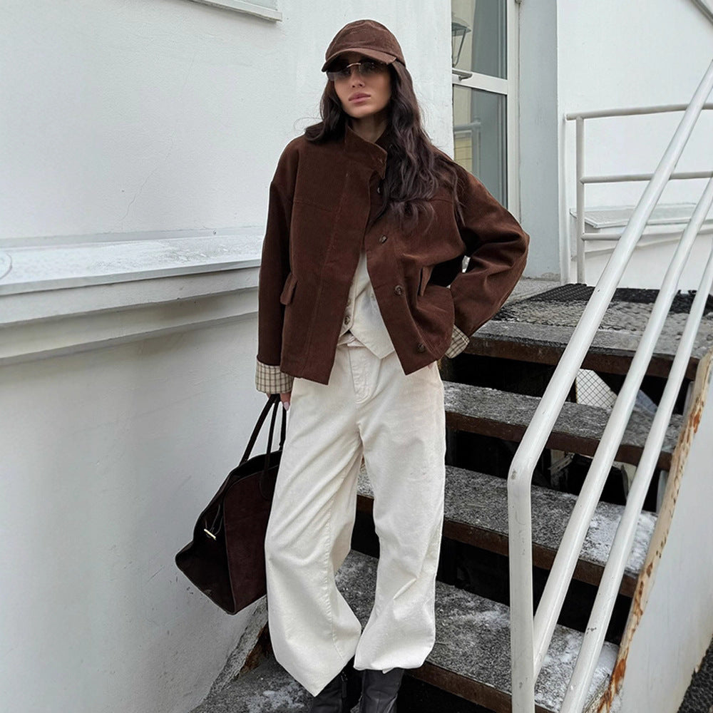 Damen lässige Cordjacke mit einzigartigem Schnitt und modischen Details R&B