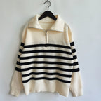 Damen gestreifter Pullover mit modernem Stehkragen und kurzer Reißverschluss R&B