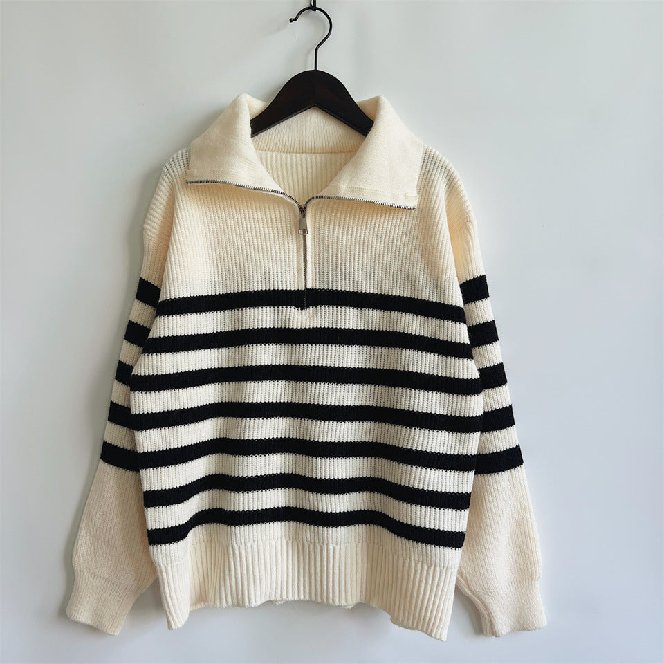 Damen gestreifter Pullover mit modernem Stehkragen und kurzer Reißverschluss R&B