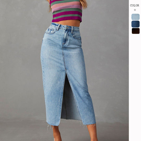 Damen Hoch geschnittene Denim-Midirock mit seitlichem Schlitz und fransigen Säumen R&B