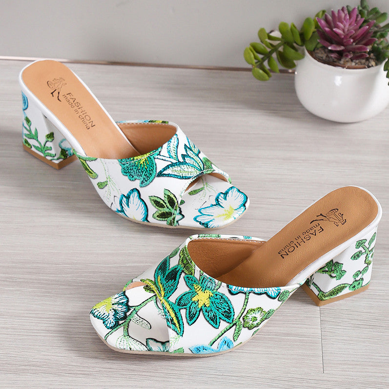 Damen Offene Mules mit floralem Muster und komfortablem Blockabsatz R&B
