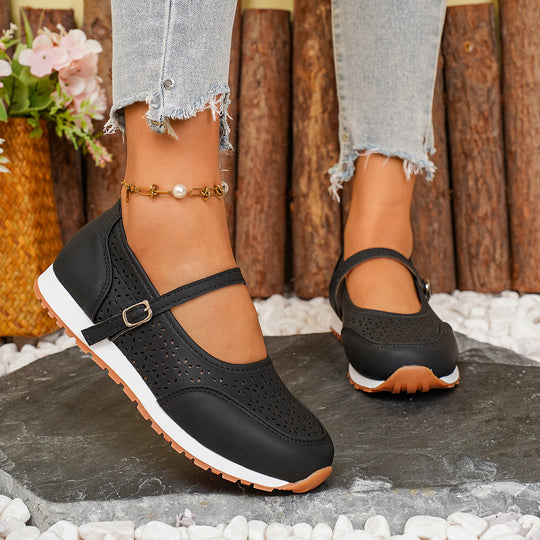 Damen Atmungsaktive Ballerinas mit elegantem Lochmuster und verstellbarem Riemen R&B