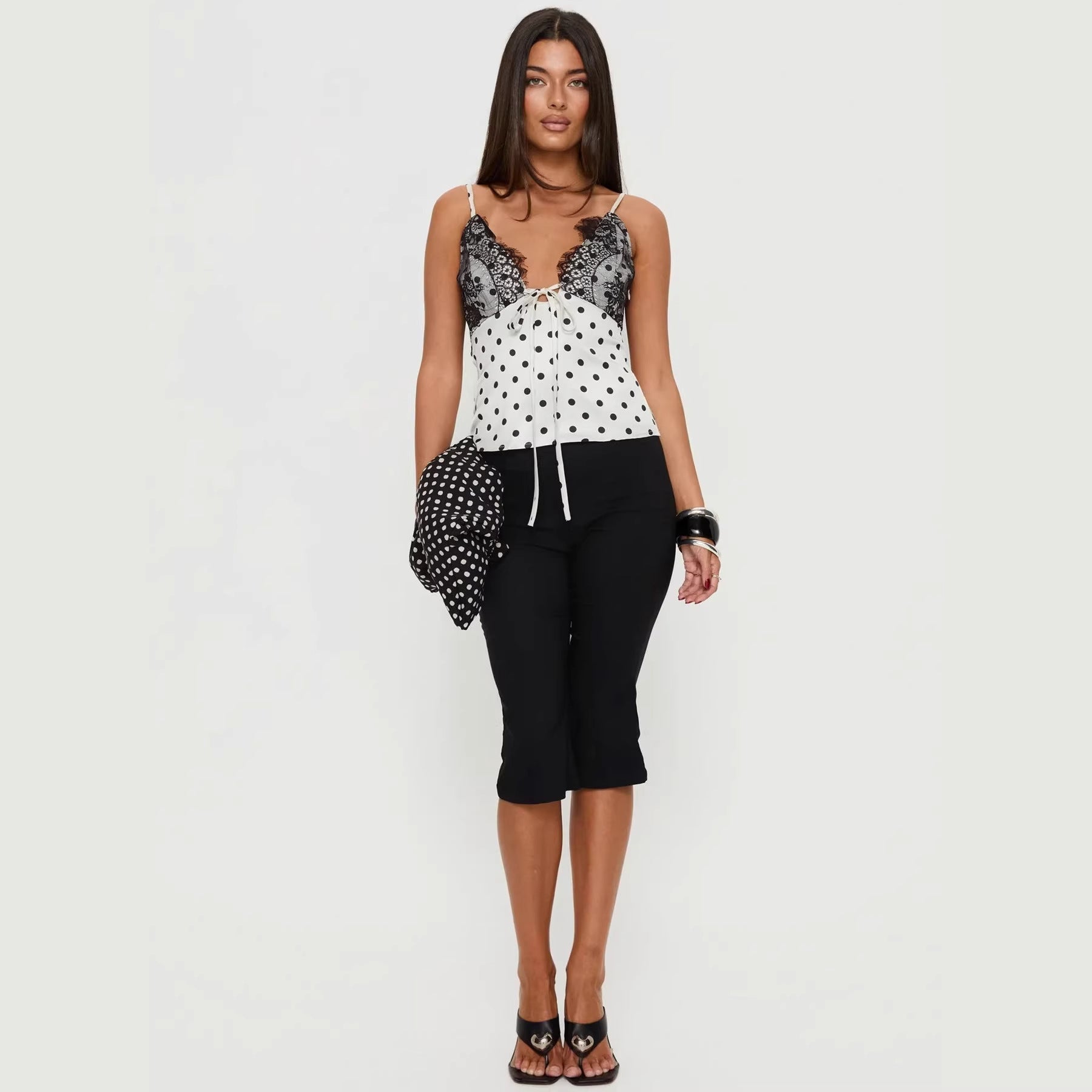 Damen Verspielt elegantes Spaghettiträgershirt mit Spitze und Punktemuster R&B