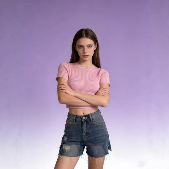 Damen lässige Jeansshorts mit fransigen Abschlüssen und seitlichem Schlitz R&B