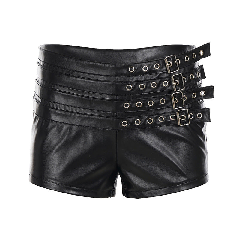 Damen Kunstleder Shorts mit dekorativen Schnallen und Schnürdetails R&B