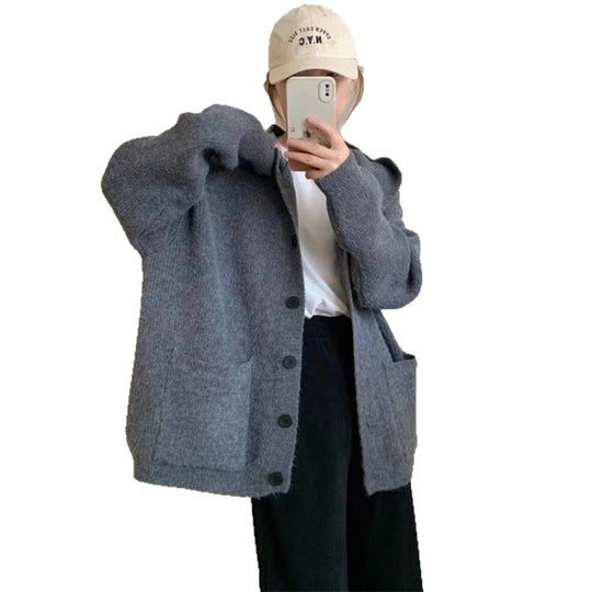 Damen kuschelige Strickjacke mit Kapuze und großen Taschen R&B