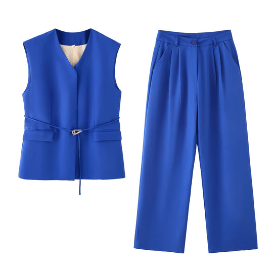 Damen elegantes Blazer- und Hosen-Ensemble mit modernem Gürtel R&B