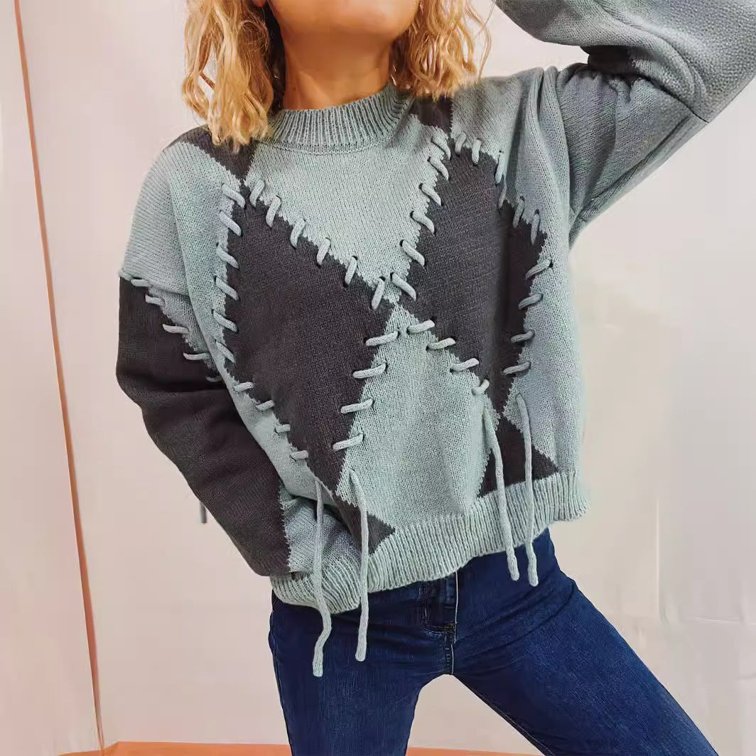 Damen gemütlicher Strickpullover mit auffälligem Design und modernen Schnürdetails R&B