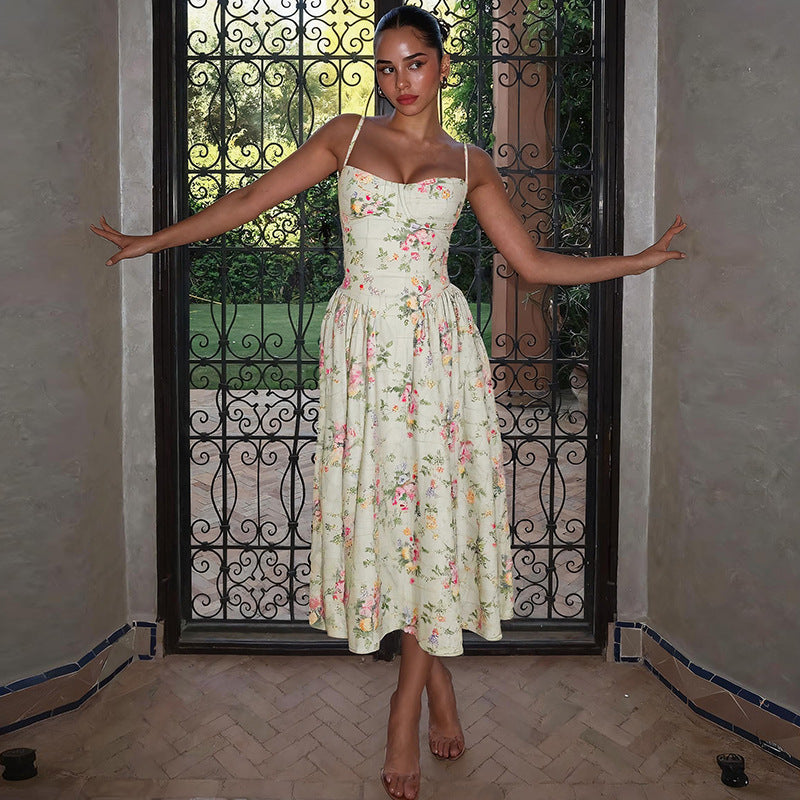 Damen Blumendesign Midi-Kleid mit Spaghettiträgern und fließendem Rock R&B