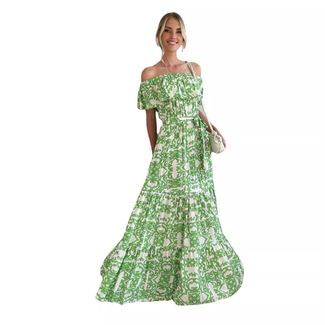 Damen Off-Shoulder Maxikleid mit voluminösem Rüschendesign und elastischem Taillenbund R&B