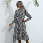 Damen Langarm-Puffärmelkleid mit Rüschensaum
