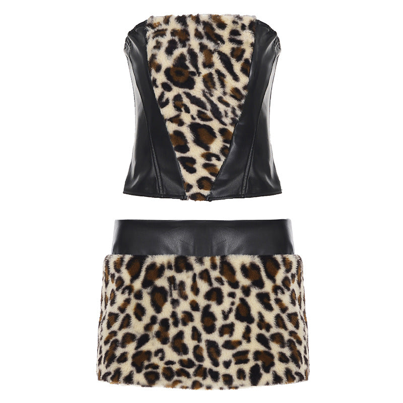 Damen Oberteil und Rockset mit Leopardenmuster und Kunstlederdetails R&B
