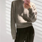 Damen lockerer Strickpullover mit Rundhalsausschnitt und weichem Material R&B