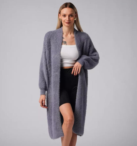 Damen Flauschiger Langstrickmantel mit seitlichem Schlitz und lockerer Passform R&B