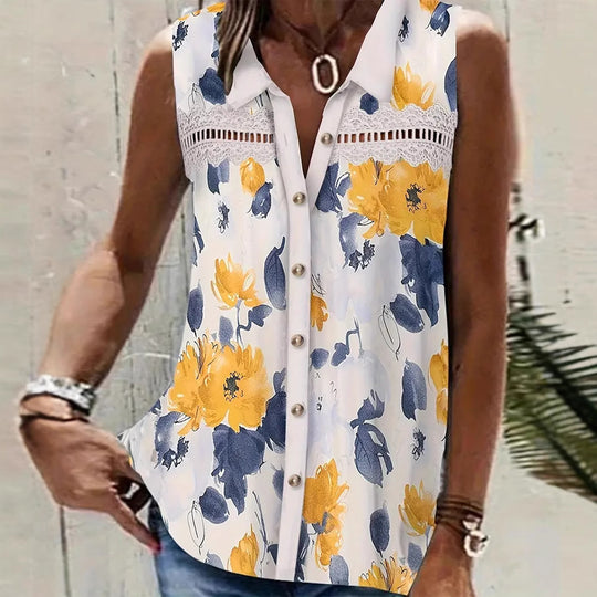 Damen nan Seidenimitat-Buttondown-Top mit Spitzenpasse und Perlenknopfleiste R&B