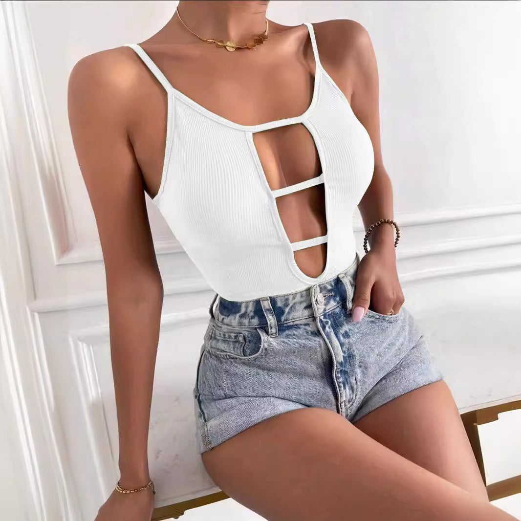 Damen figurbetontes Cut-Out Top aus Rippenstruktur R&B
