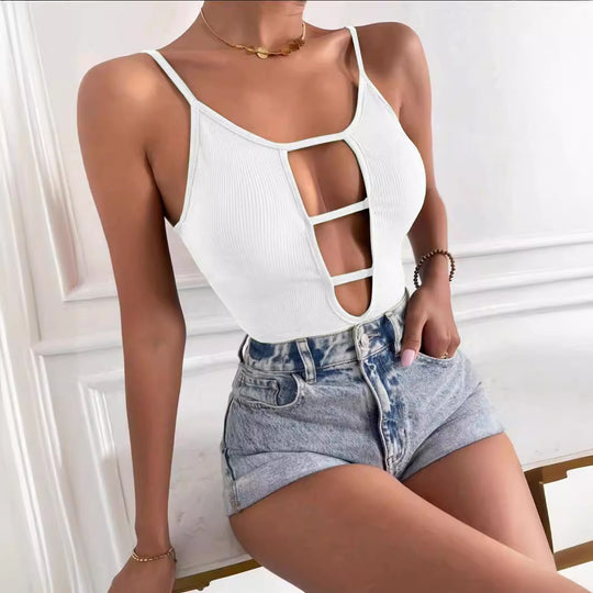 Damen figurbetontes Cut-Out Top aus Rippenstruktur R&B