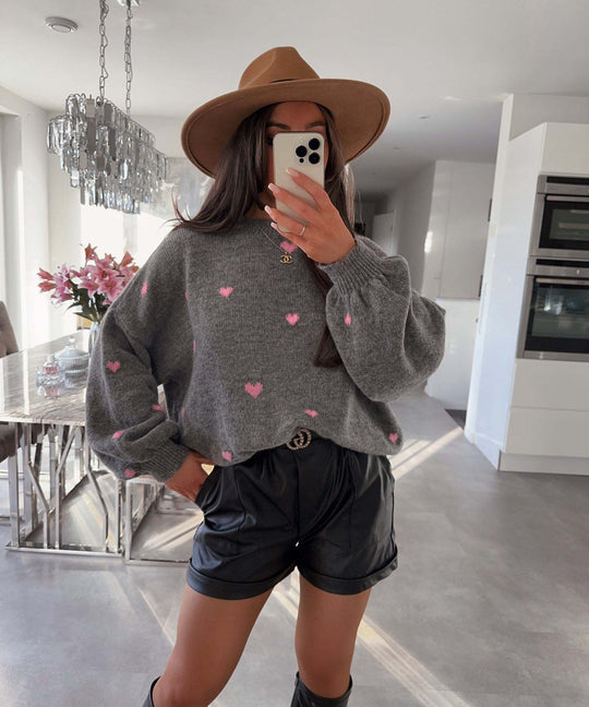 Damen lässiger Strickpullover mit herzförmigen Mustern und angeschnittenen Ärmeln R&B