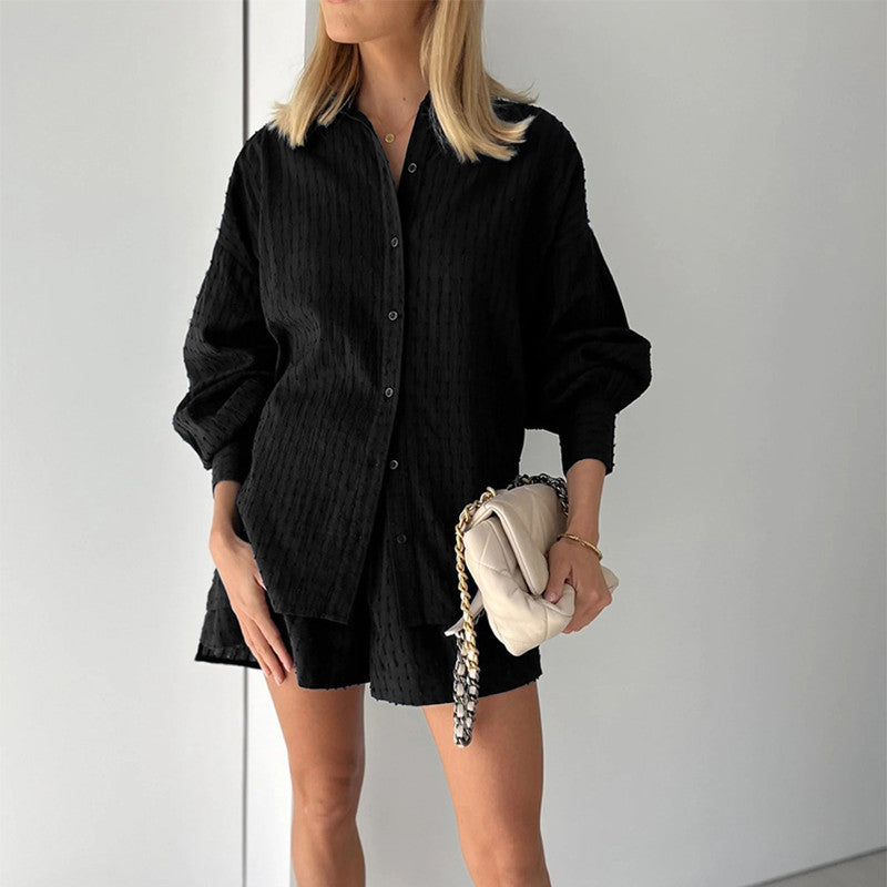 Damen lässiges Hemd-Shorts-Set mit elegantem Webmuster R&B