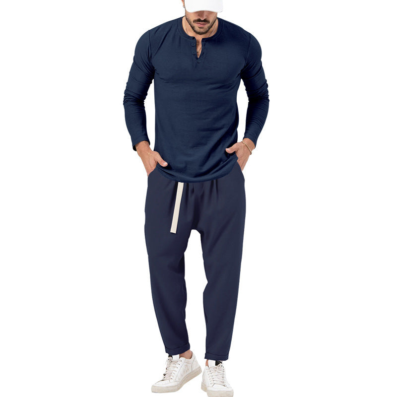 Herren lässiges Langarm-Henley-Shirt kombiniert mit eleganter Jogginghose R&B