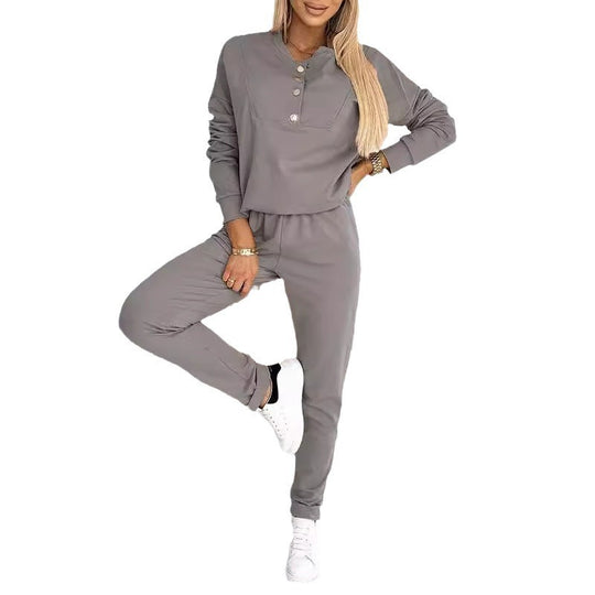Damen Freizeitanzug mit modischen Knopfdetails und elastischem Bund R&B