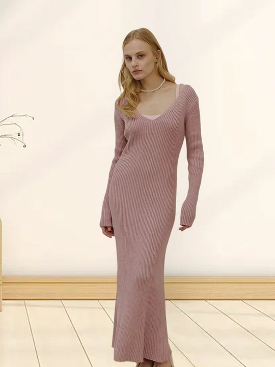Damen Langarm-Strickkleid mit tiefem V-Ausschnitt und figurbetonter Silhouette R&B