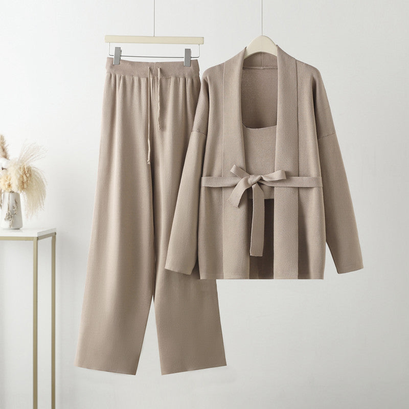 Damen gemütliches Freizeit-Loungewear-Set mit Bindegürtel und weitgeschnittenen Hosen R&B