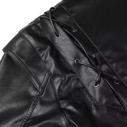 Damen Kunstlederjacke mit edlem Bindegürtel und raffinierten Schnürdetails R&B