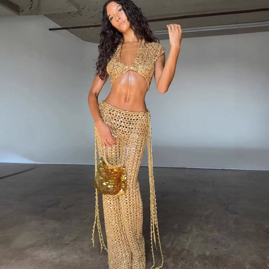Damen Knöchellanges Glitzer-Overfit-Set mit funkelnden Details und fließendem Design R&B