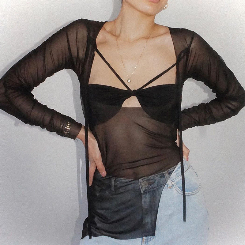 Damen Langarmoberteil mit tiefem V-Ausschnitt und transparentem Stoff R&B