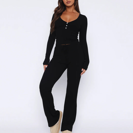 Damen Loungewear-Anzug aus weichem Rippstoff mit Knopfleiste und elastischem Bund R&B