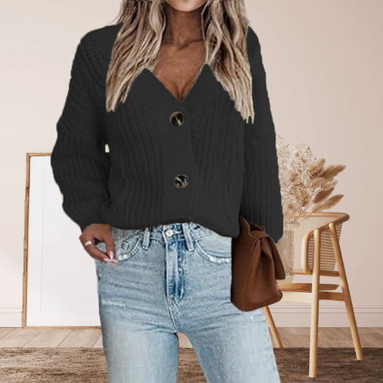 Damen Strickjacke mit modischem V-Ausschnitt und großen Knöpfen R&B