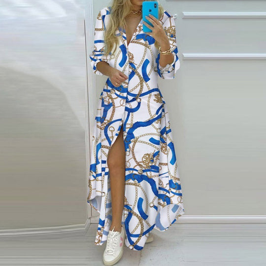 Damen Maxikleid mit Aufdruck im Zeitungslayout und seitlichem Schlitz R&B