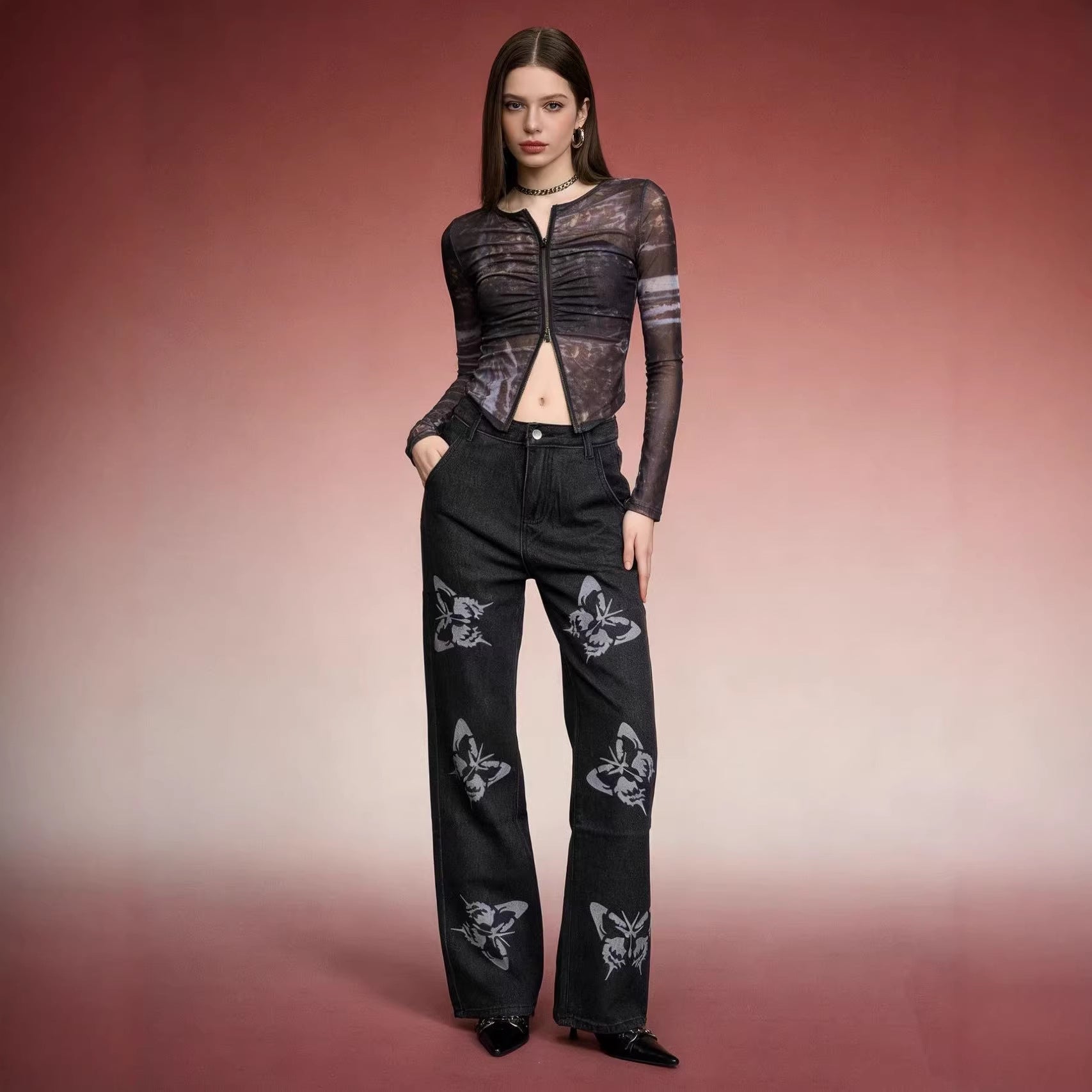 Damen Flared Jeans mit Blumendruck und hohem Bund