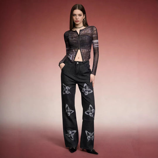 Damen Flared Jeans mit Blumendruck und hohem Bund