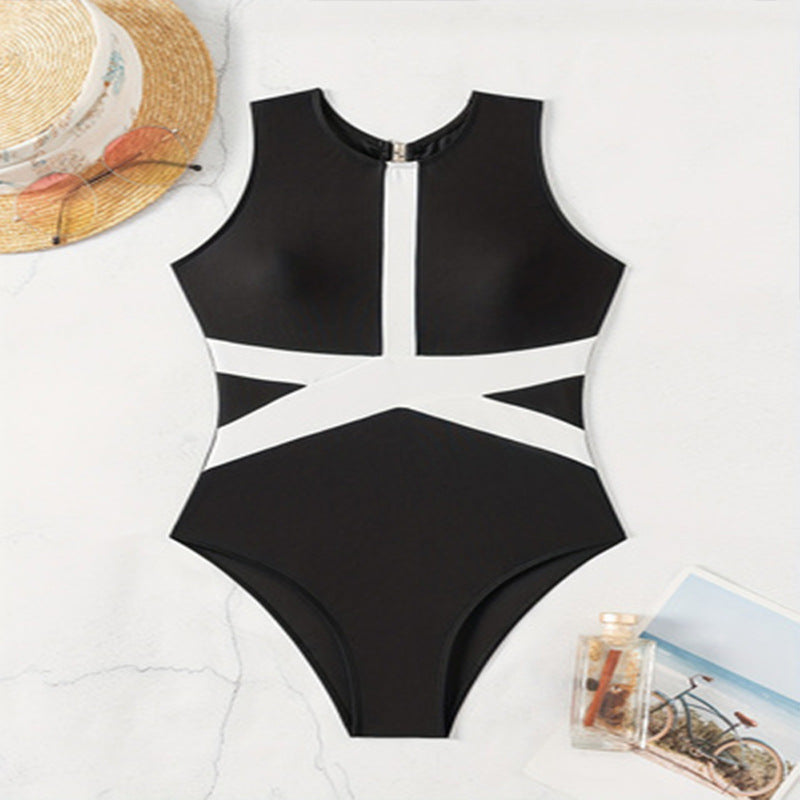 Damen Einteiler Badeanzug mit sportlichem Reißverschluss und trendigem grafischen Design R&B