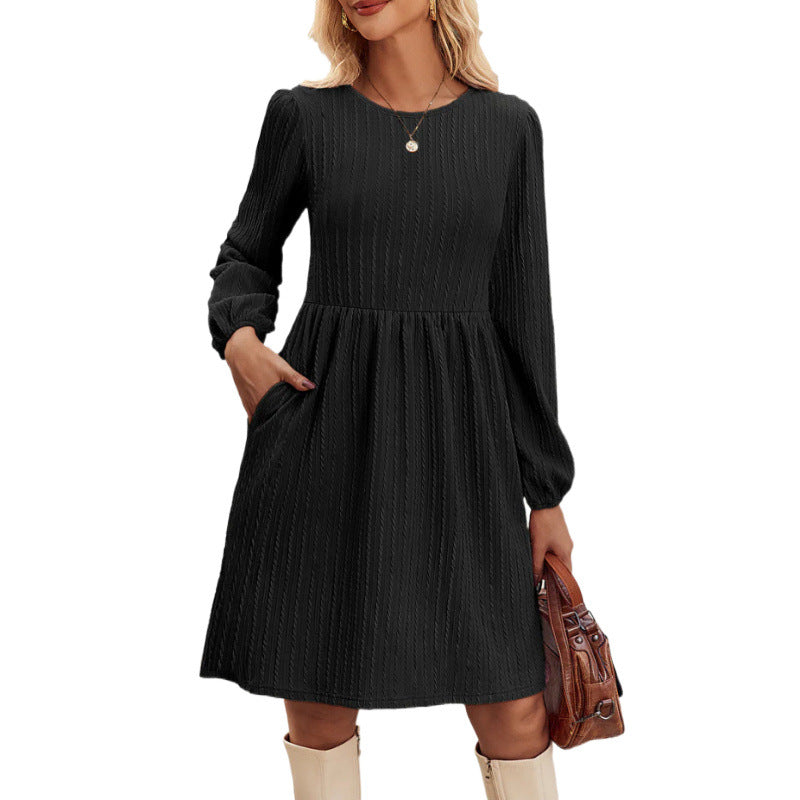 Damen Casual Langarm Plissee Kleid