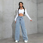 Damen Elegante High-Waist Jeans im weiten Schnitt mit glitzerndem Detail R&B