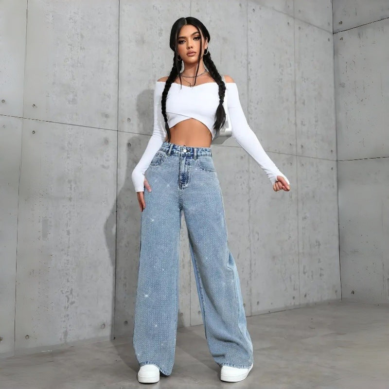 Damen Elegante High-Waist Jeans im weiten Schnitt mit glitzerndem Detail R&B