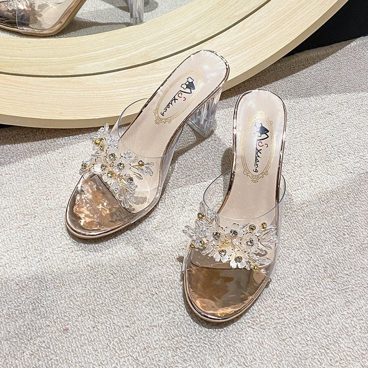 Damen elegante und durchsichtige Mules mit floralem Schmuckdetail R&B