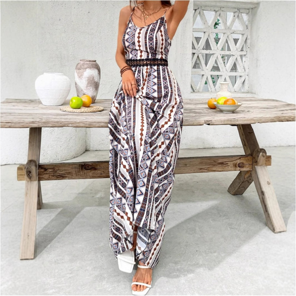 Damen Maxikleid mit bohemian Muster und raffiniertem elastischem Taillenband R&B